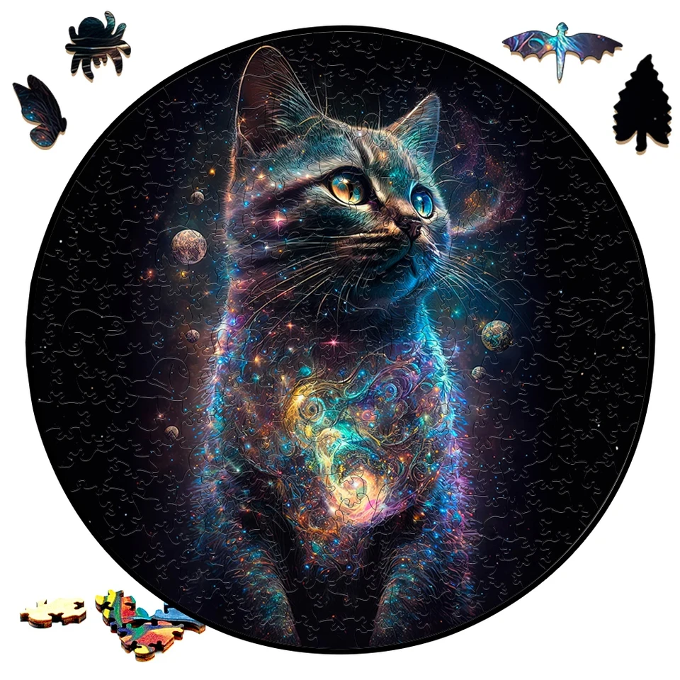 Medzihviezdne drevené puzzle, maľovaná čierna mačka, hádanky z dreva pre zvieratá, puzzle s okrúhlym tvarom, najlepší darček pre dieťa, vtipnú hračku