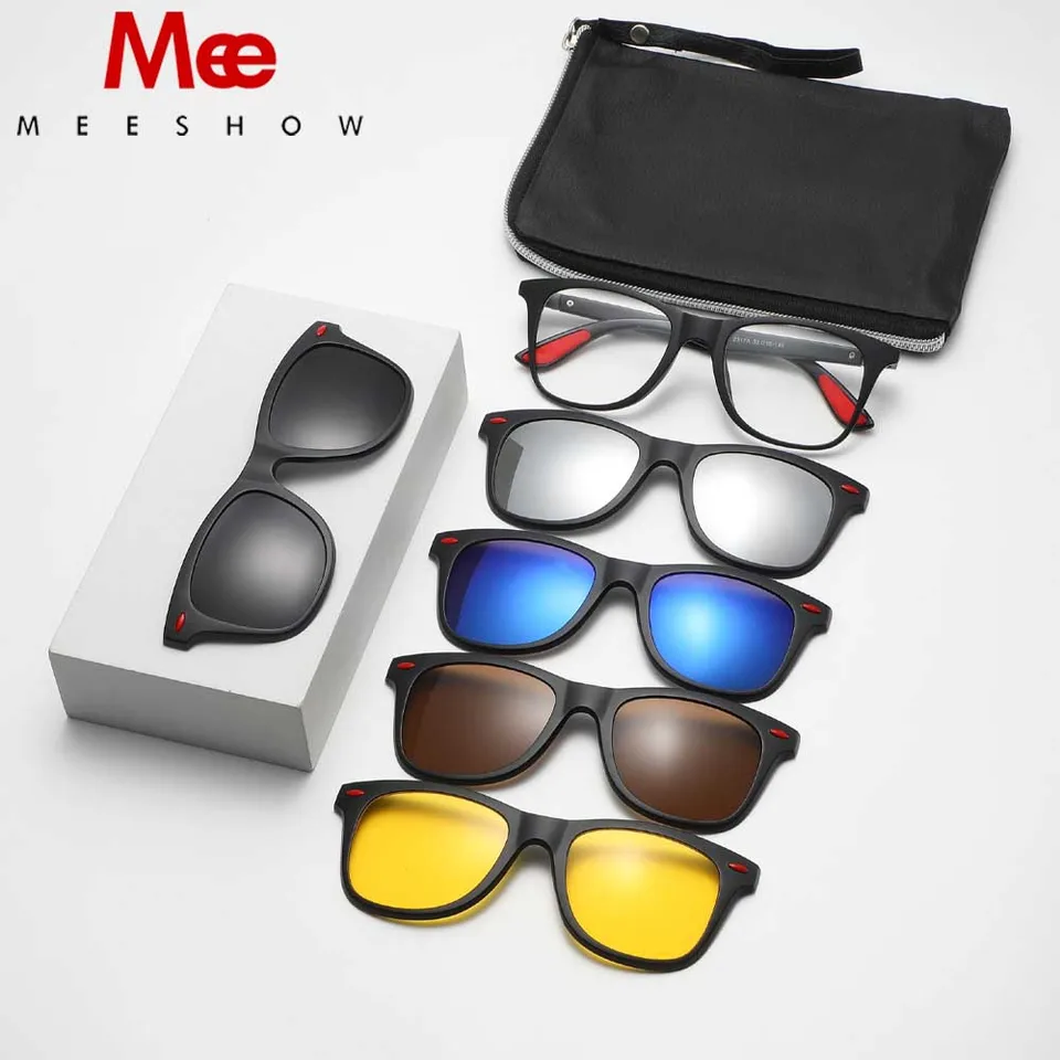 Meeshow 5 in 1 Magnet Polarizované klipové okuliare Rám Men Dámske okuliare TR90 Rám štvorcový okuliarsky predpis 2137a