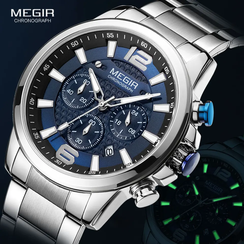 Megir 2020 Luxusné hodinky Men Men Top značka z nehrdzavejúcej ocele vodotesné svetelné žiarivé hodinky Blue Sports Chronograph Quartz Watch Man