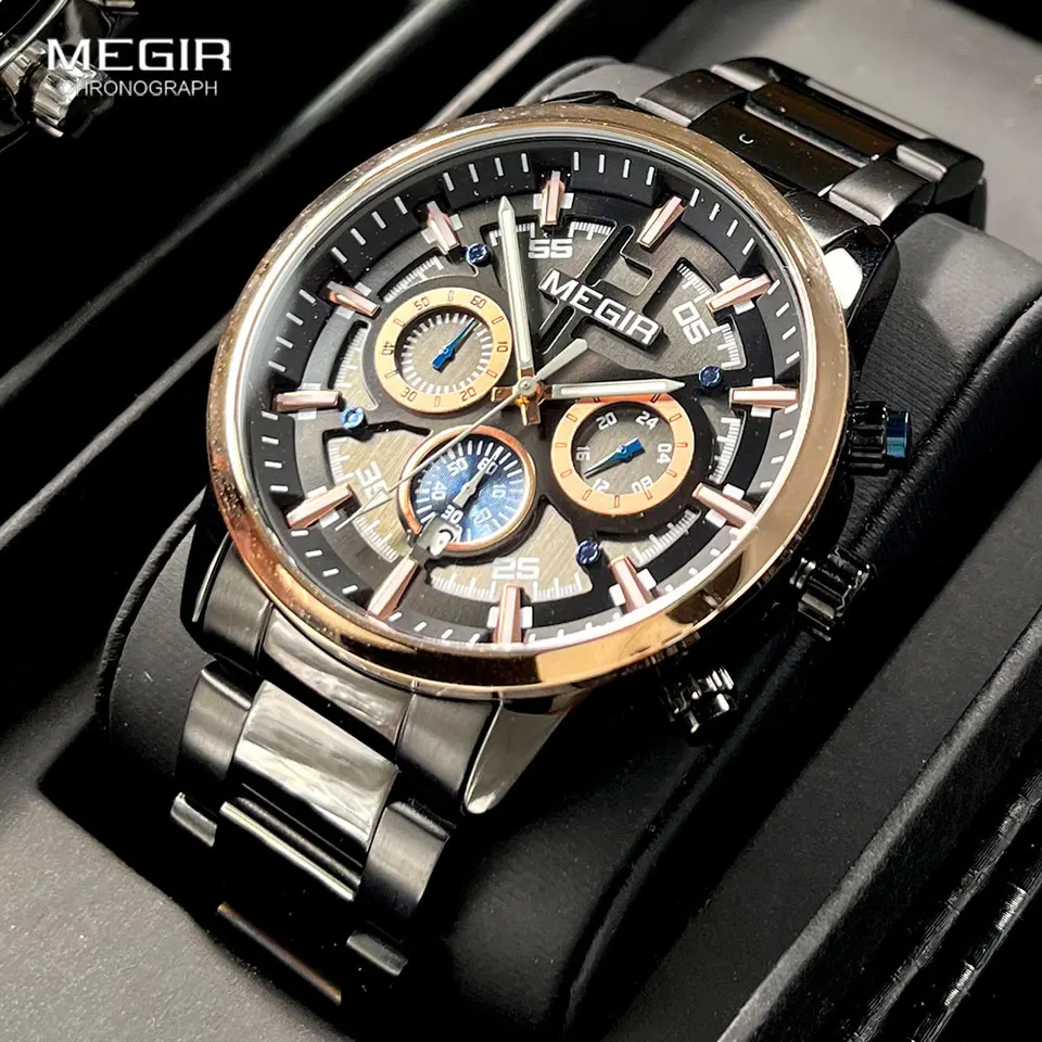 Megir Brand Formal Dress Watch Men Luminous Chronograph Quartz s úplným remienkom z nehrdzavejúcej ocele Auto dátum 24-hodinového čierneho ružového zlata