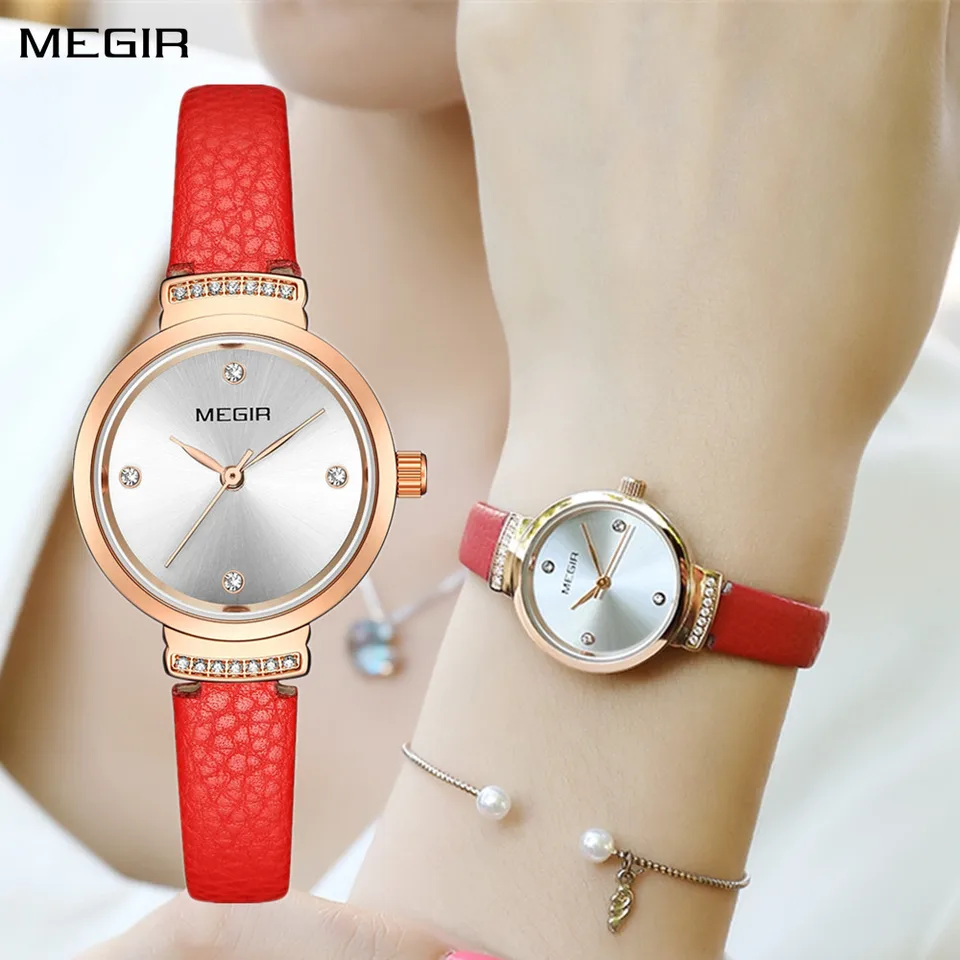 Megir Classics Kožené Quartz hodinky Dámske módne diamantové dámske hodiny nepremokavé príležitostné šaty náramky Montre femme 4207
