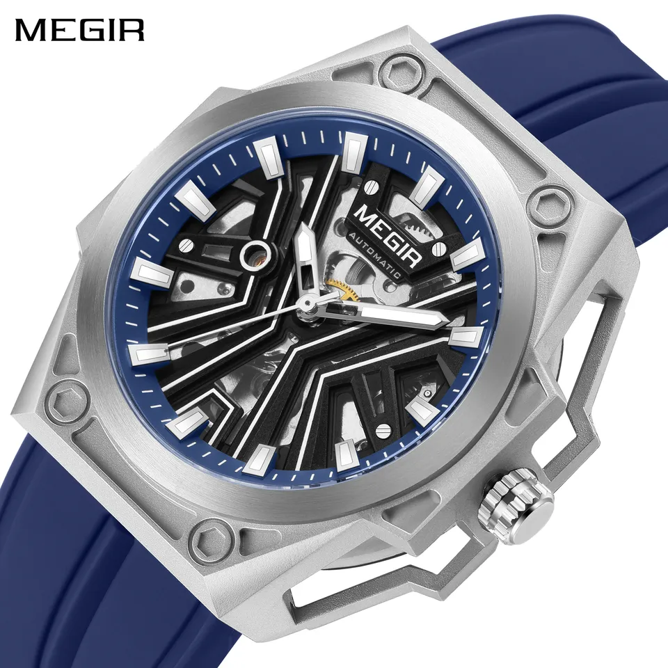 Megir Fashion Plne automatické mechanické pánske hodinky z nehrdzavejúcej ocele Športové vojenské náramkové hodinky WotoProof Watches Clock