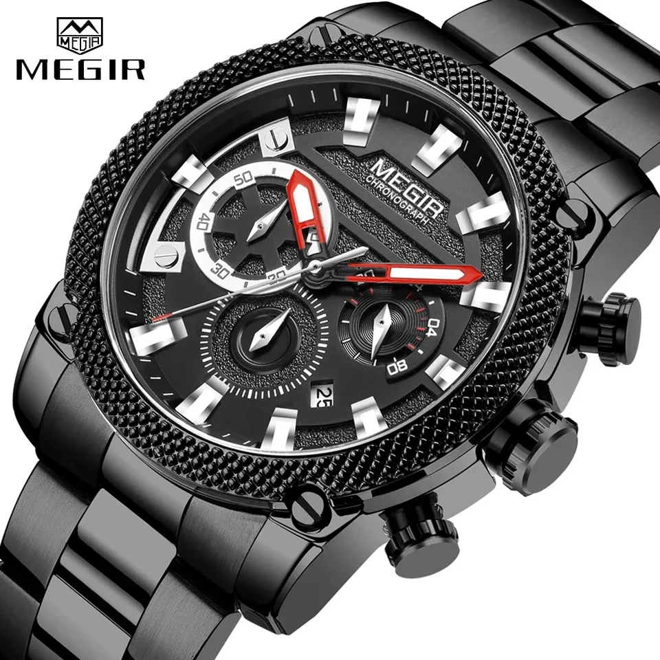 Megir Mens Watches Top Luxury Brand Čierna z nehrdzavejúcej ocele Šport vodotesný Quartz Muži sledujú armádu vojenský chronograf zápästie náramkov