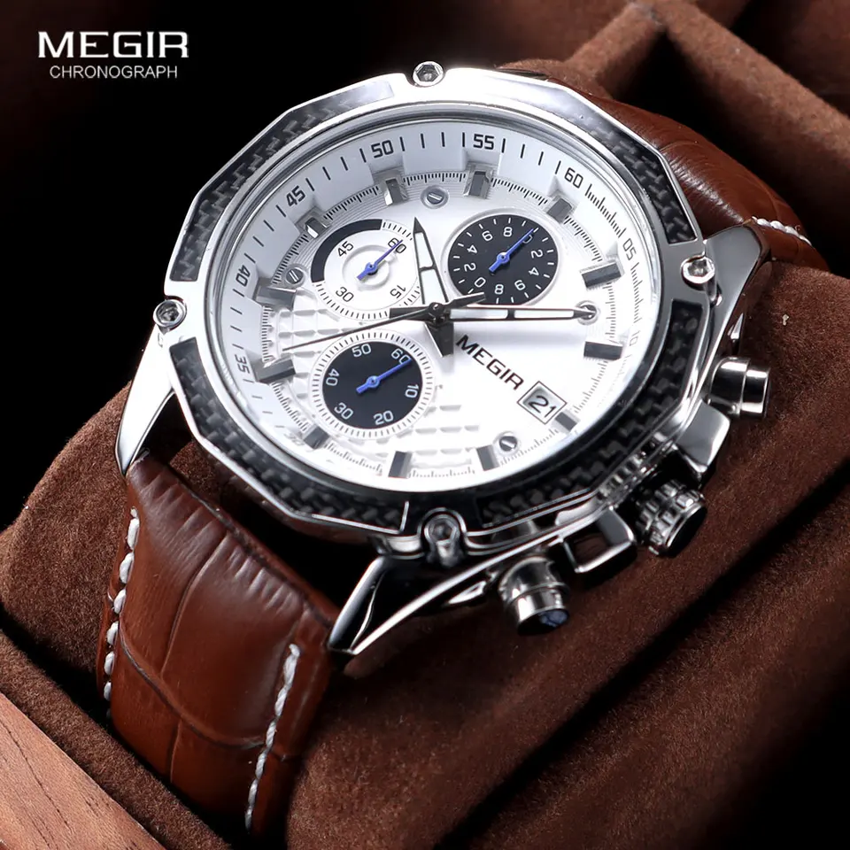 Megir Quartz Mužské hodinky Originálne kožené hodinky Racing Men študenti hra Run chronograph Watch Male Glow Hands for Man 2015g