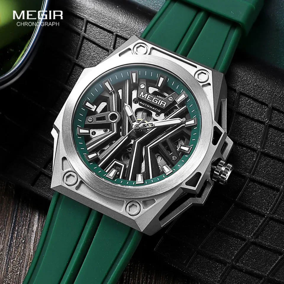 Megir Skeleton Dial Automatické hodinky pre mužov Zelený silikónový popruh vodotesný svetelný športový športový mechanický náramok