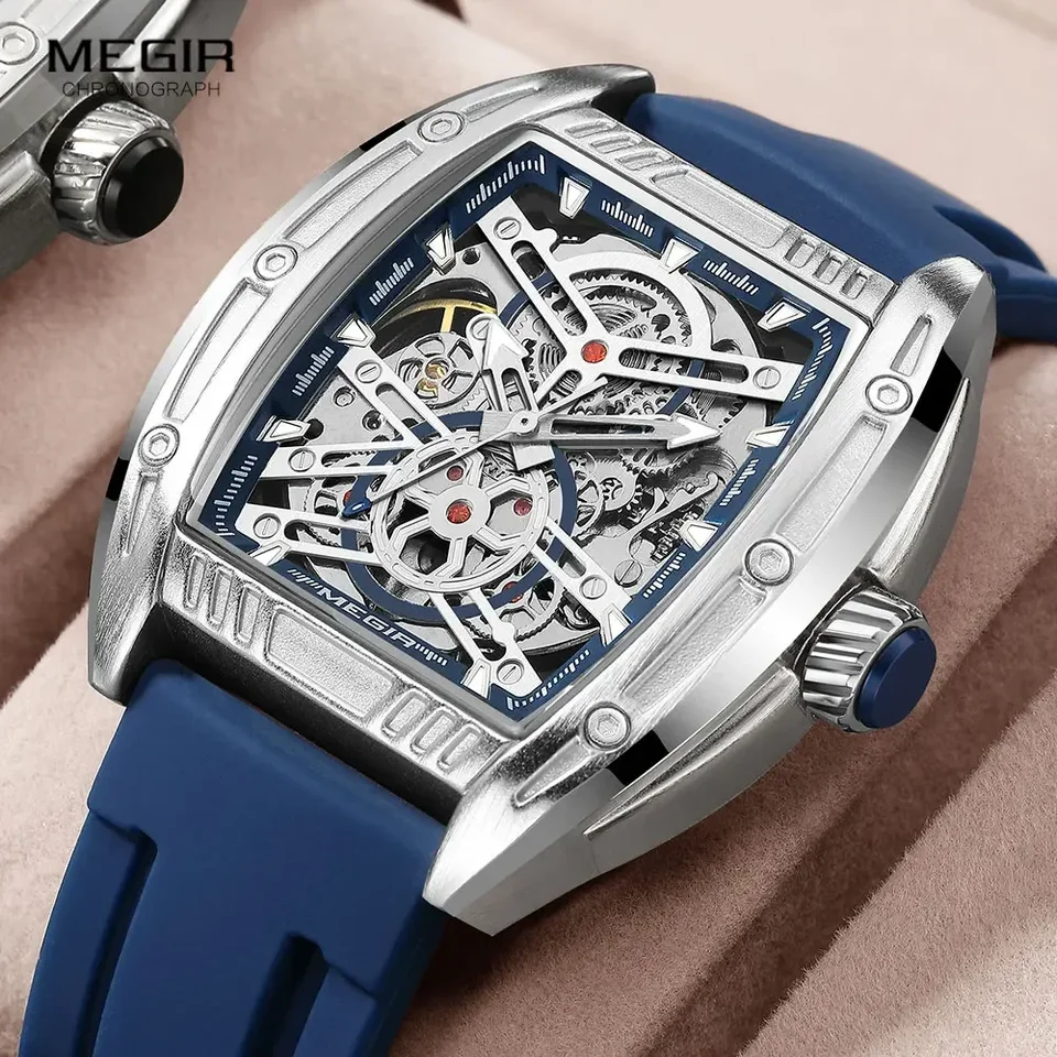 Megir Vojenské športové mechanické hodinky pre mužov nepremokavé analógové automatické náramkové hodinky s námorníckym modrým silikónovým remienkom Tonneau Dial Dial