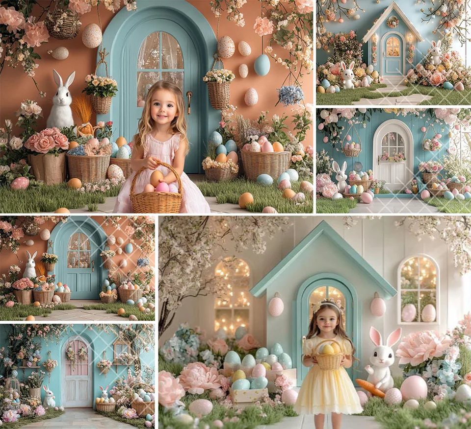 Mehofond Photography Pozadie Spring Veľkonočná kabína zajačik kvetinové vajcia Kids narodeninové oslavy portrét dekorácie pozadie fotografické štúdio