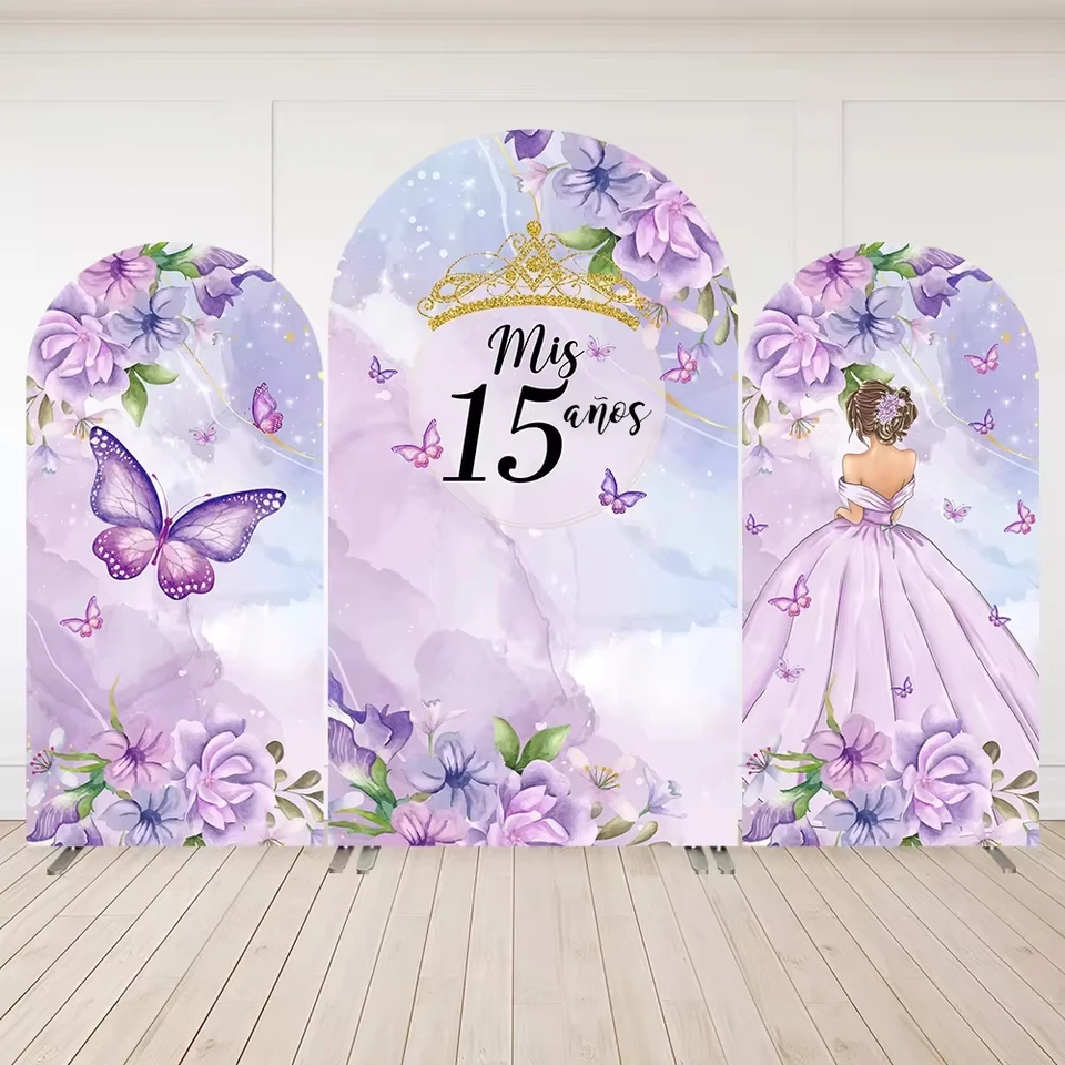 Mehofond princezná 15. narodeniny oblúk pozadie quinceañera fialové šaty pozadie zadný tieň kvet