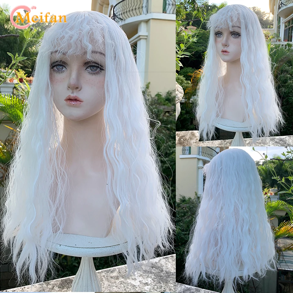 Meifan dlhá biela lolita parochne Wigs Wave Curly Woman Hair