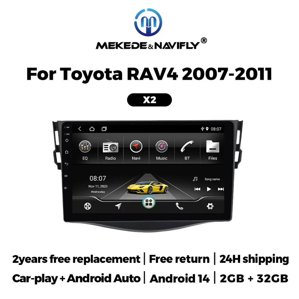 Mekede & Navifly 2 Din Autoradio CarPlay Hostiteľská jednotka Android 14 Auto Multimedi Navi Stereo FM Radio pre Toyota Rav4 Rav 4 2005-2013