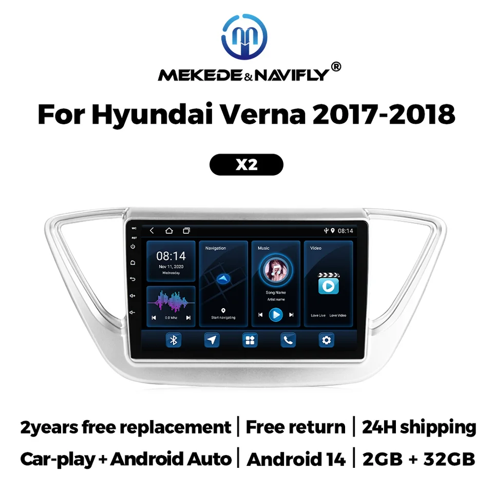 Mekede & Navifly Android 14 CarPlay Car Stereo Radio pre Hyundai Solaris Verna Accent 1 2010 - 2016 Multimedia Player 2DIN GPS BT