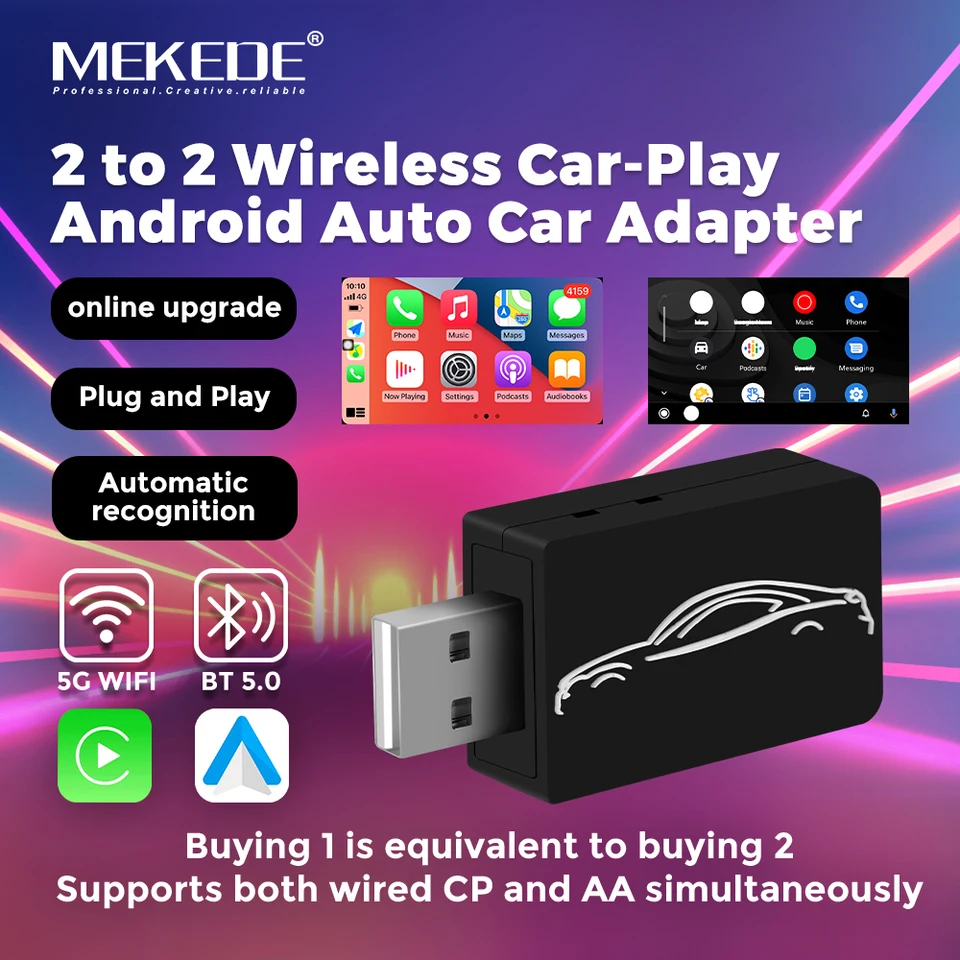Mekede Universal Wired to Wireless CarPlay Android Auto 2 v 1 AI Box Support WiFi BT5.0
