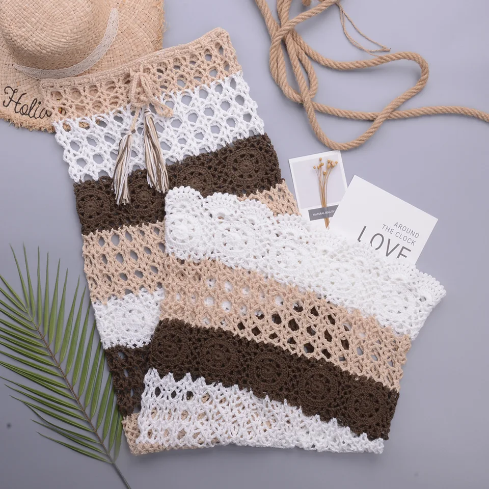 Melphieer 2024 Multi Crochet Beach šaty vystrihnuté dlhé pláž Cover Up Žena plavky bikiny ručne pletené plážové oblečenie