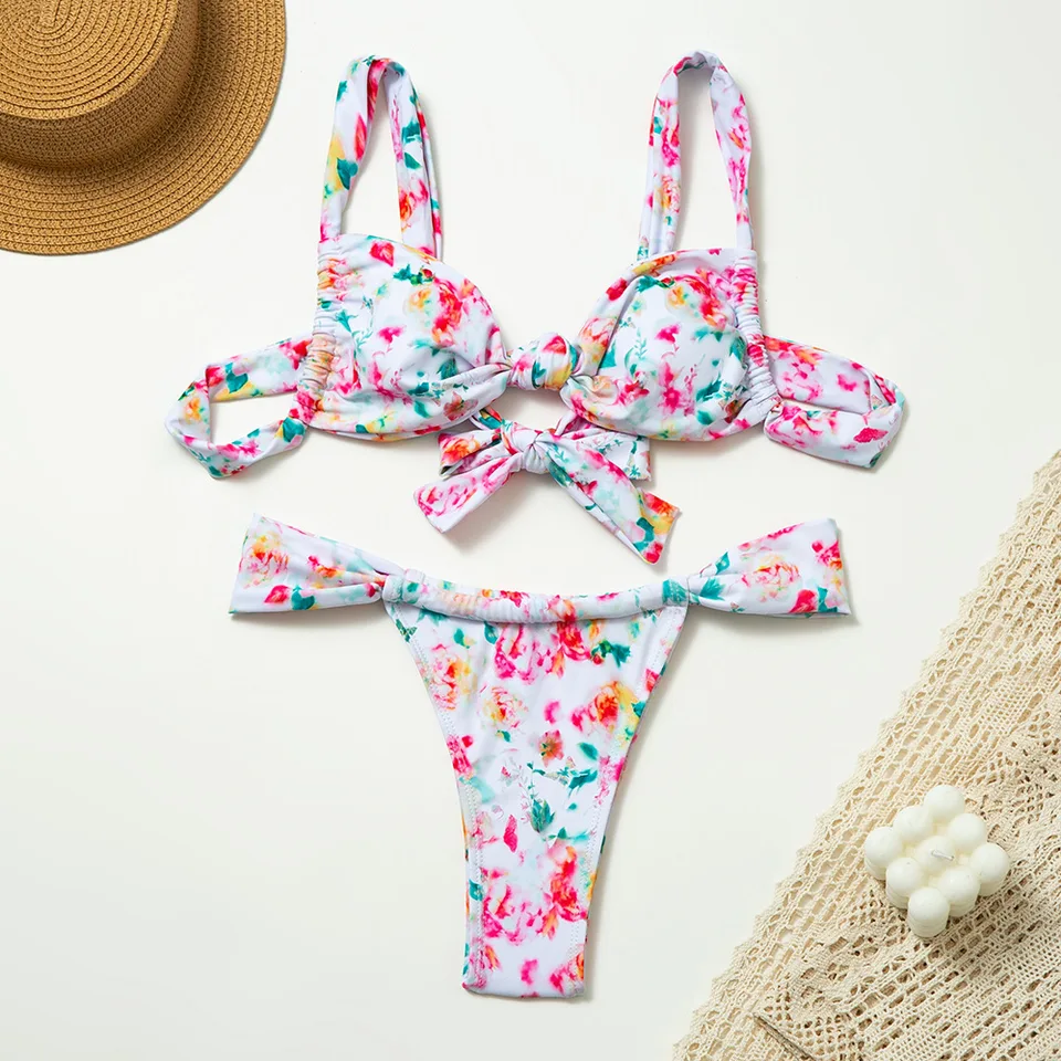 Melphieer Swim outfit inšpirovaný letnou plážou hrudník uzol Bikini Set Strappy Bra Top a brazílske bikiny spodná donuká 2 -kusová plavky