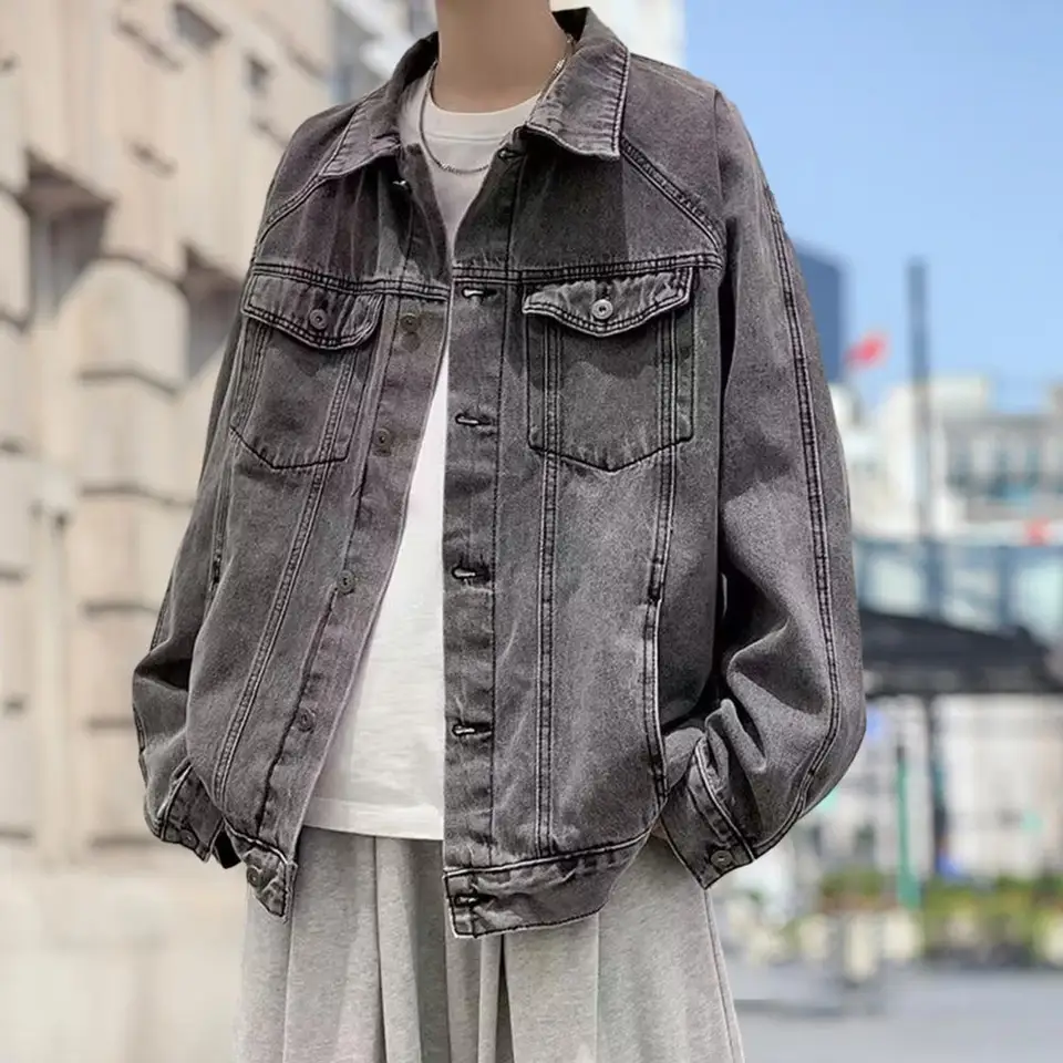 Men bunda denim retro hip hopy štýl voľný jednokovový slova rukáv s dlhým rukávom Multi vreckety Príležitostné streetwear plus veľkosti mužov s kabát
