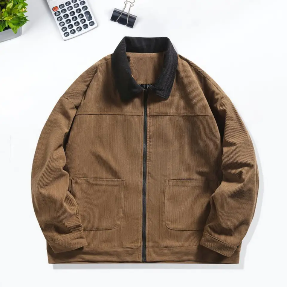Men Corduroy bunda klopný golier s dlhým rukávom Color Color Cast Coat s vreckami s zipsom