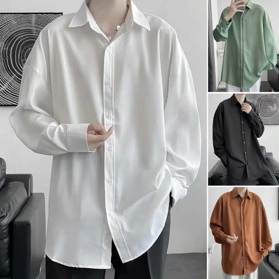 Men košele masívne farebné klopové gombíky Men Tops s dlhými rukávmi Formálne košeľa neformálne jednostranné jarné tričko Men oblečenie