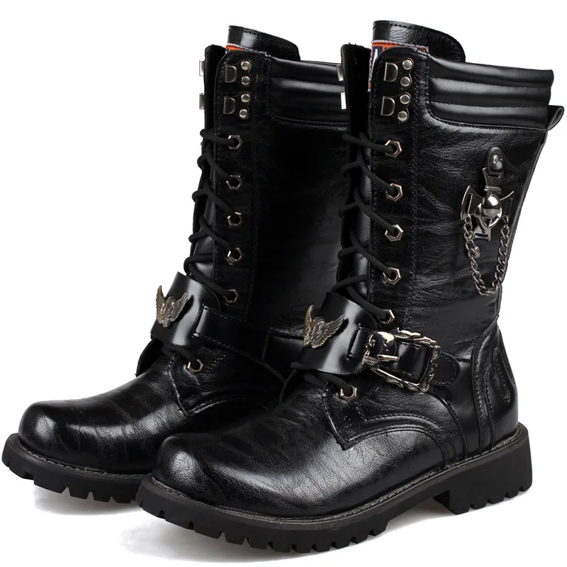 Men módne motocykle topánky v polovici kálne vojenské bojové topánky Goth Belt Punk Boots Men tenisky topánky hightop príležitostné topánky