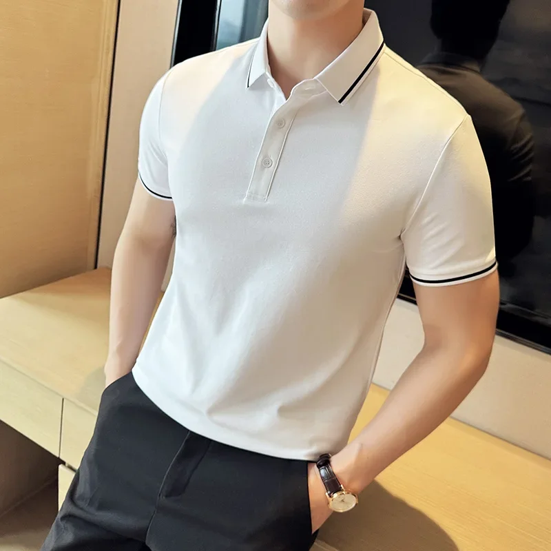 Men Polo košeľa 2024 Britský štýl leto tenká plná farba Príležitostné tenké fit s krátkym rukávom Tričko Fashion Streetwear Men Obliekanie