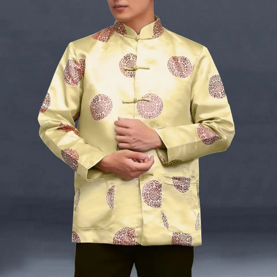 Men Tang Suit Top Chinese Style Stand Golier s dlhým rukávom Satén červené tlačené sviatočné hladké staršie osoby Nový rok Top