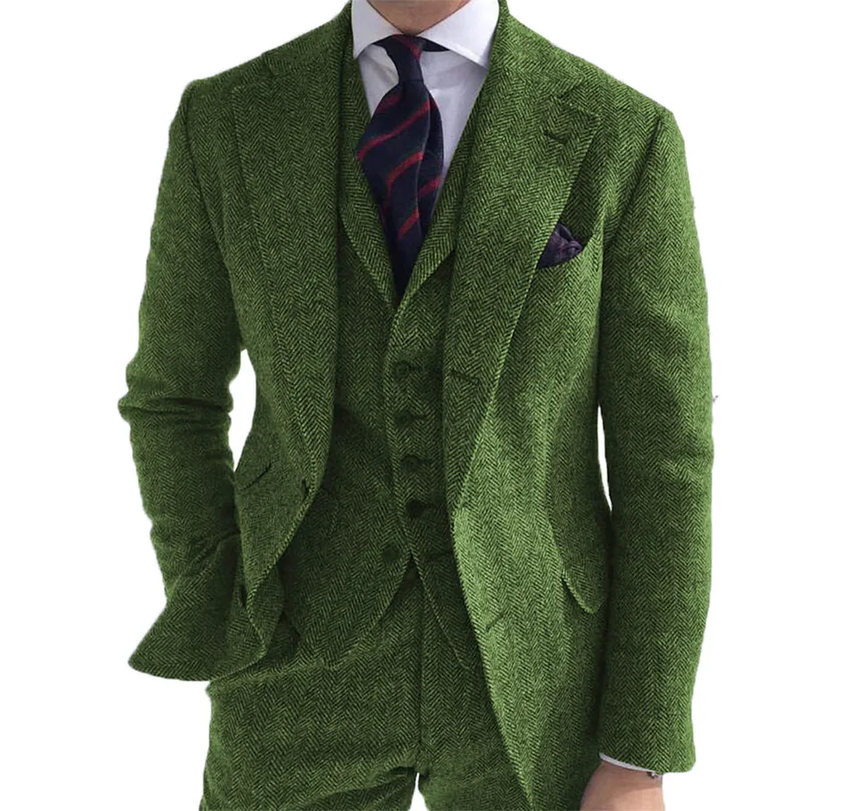 Mens Business 3 kusy vyhovuje zelenej vlnenej retro klasickej rybej kosti vzorový ženích Tweed Tuxedos na svadbu (Blazer+nohavice+vesta)