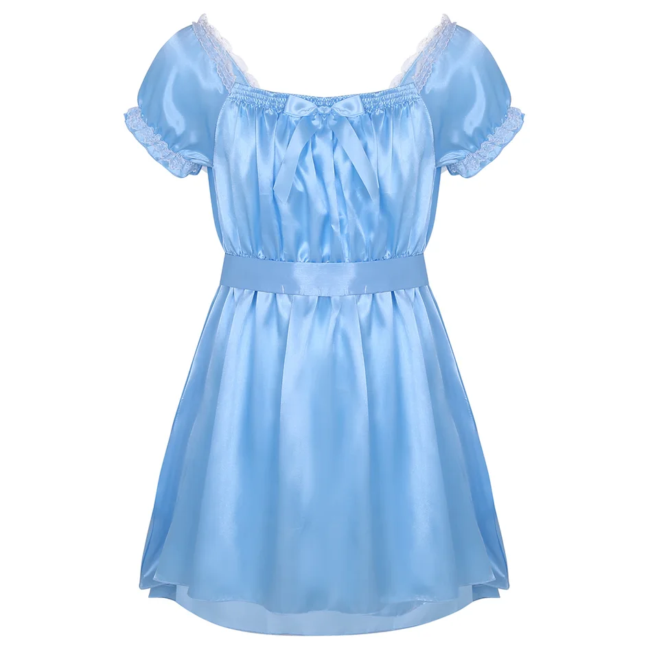 Mens sissy babydoll šaty štvorcový výstrih lesklý mäkký saténové spodné prádlo Crossdress so shashom mužským nočným nočným oblečením spodná bielizeň