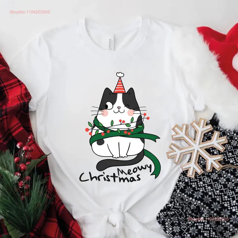 Meowy vianočné tričko Cat Cat Merry Cute Rodinný milenec dlhé alebo krátke rukávy