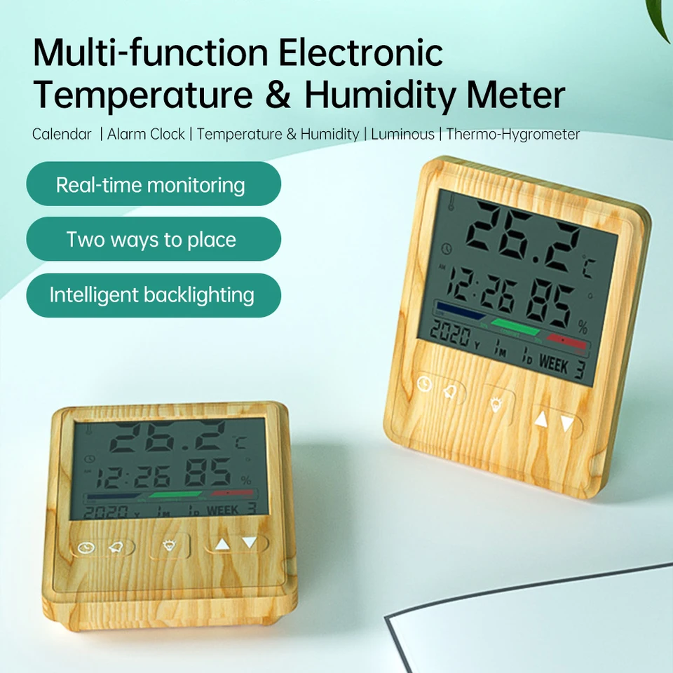 Merač vlhkosti teploty zŕn Multifunkčný budík Kalendár Vnútorný elektronický teplomer s podsvietením -50 ~ 70 ℃