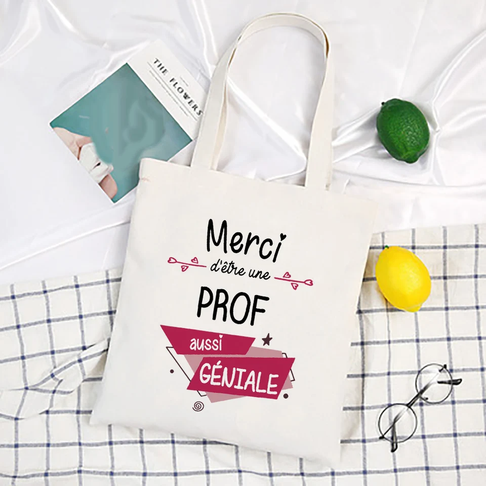 Merci Prof francúzska tlač tote tašky Ženy cestovné ramenné tašky plátno svapky tašky Školské knihy bag absolvent vďaka darčekom pre učiteľa