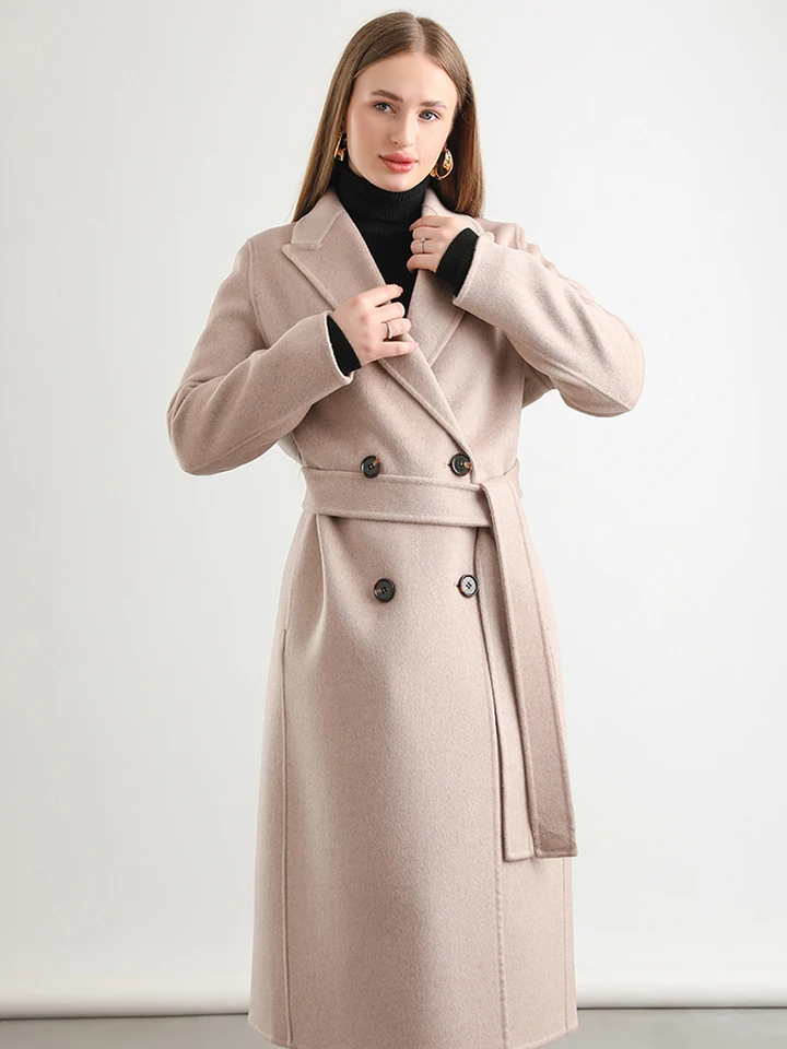 Merino Wool Long Coat pre ženy, dochádzajúci klopa, dvojradová bunda, všestranná, monochromatická, jesenná a zima, 2024, nový