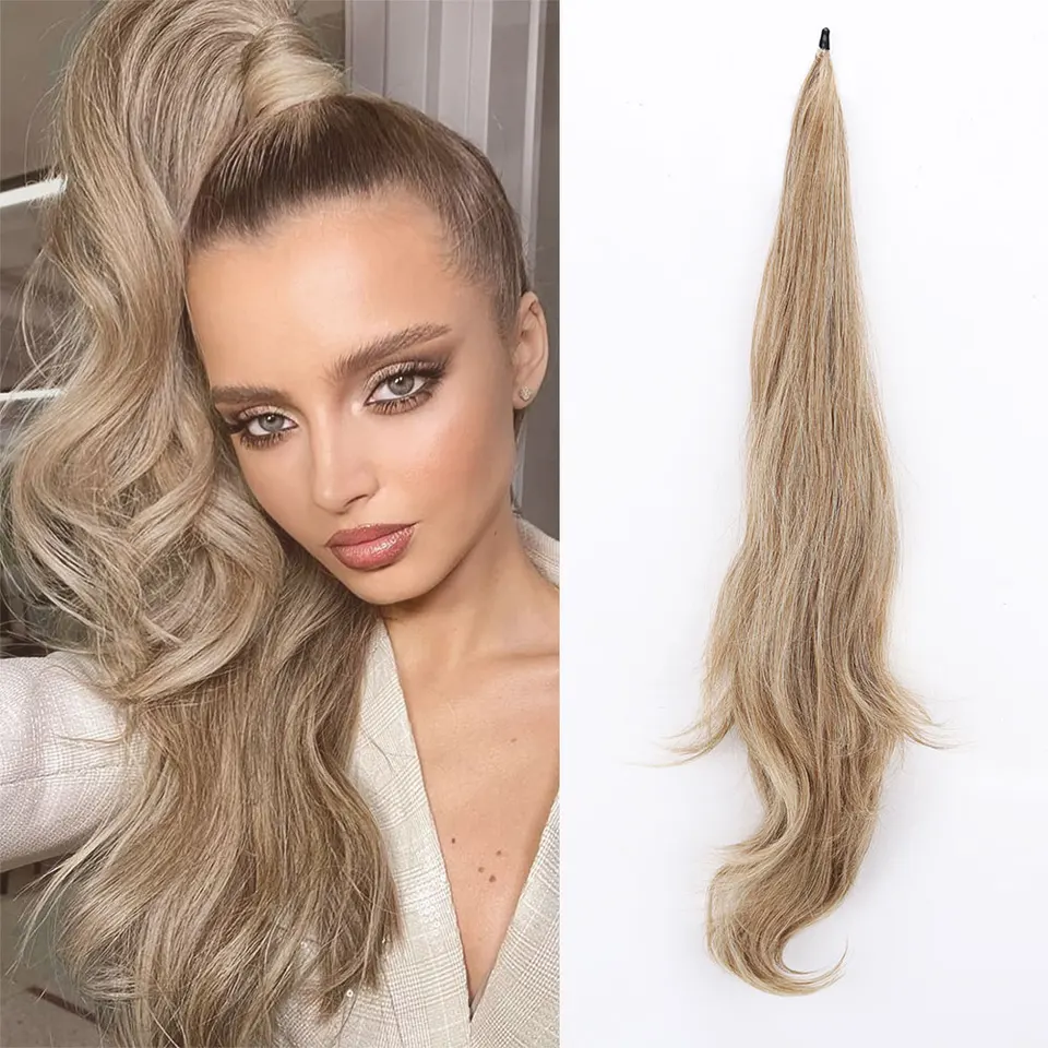 Merisihair Syntetický flexibilný zábal okolo cytail dlhých zvlnených vrstvených falošných predlžovacích príčrov pre ženy pre ženy denne používajú