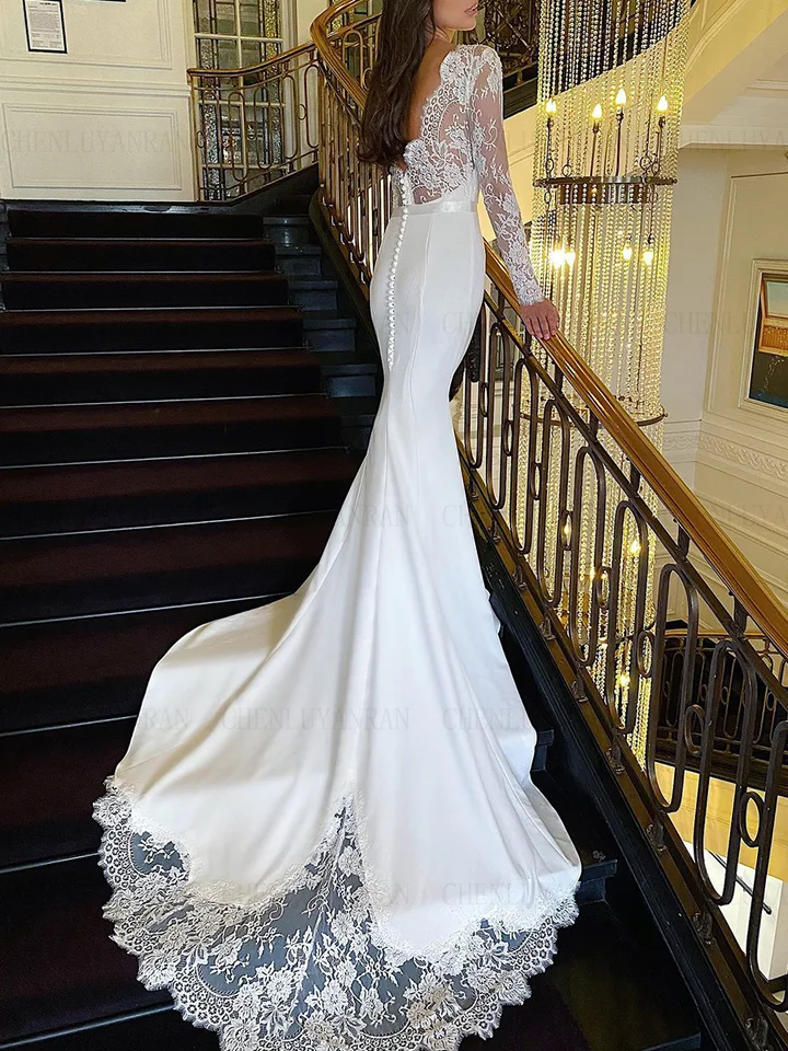 Mermaid Beading Svadobné šaty Plné rukávy Dlhé svadobné šaty ilúzne saténové šaty pre Wome 2024 Vestidos de Novia