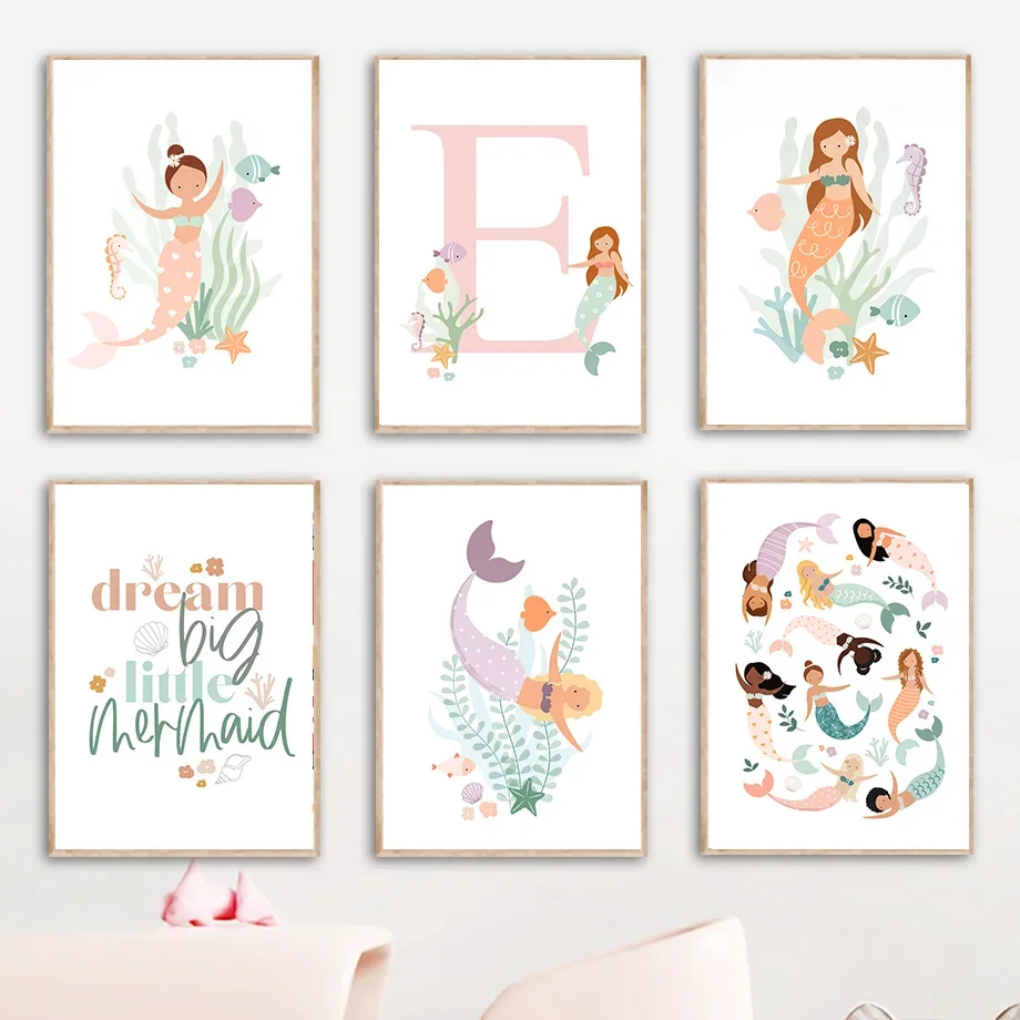 Mermaid Girl Fosh Plant Morine Animals Mursery Wall Art Canvas Maľovanie Nordické plagáty a výtlačky obrázky detská detská izba dekor