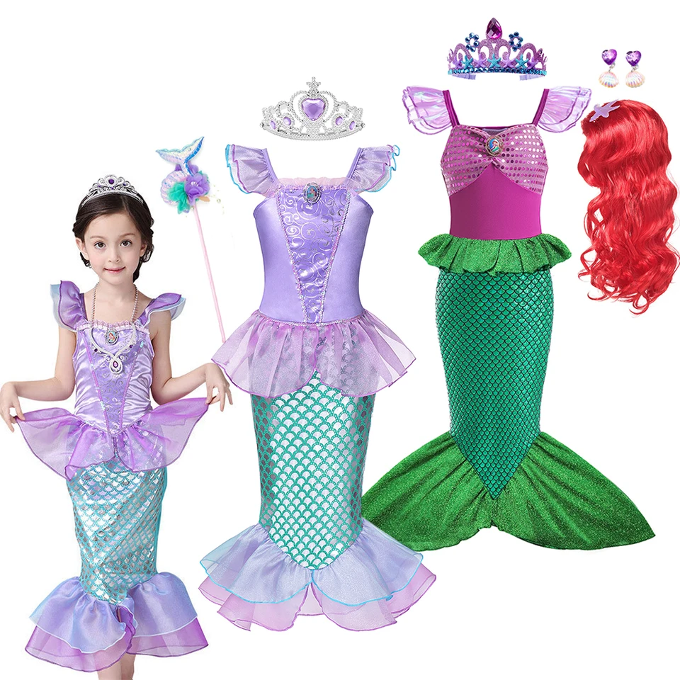 Mermaid Princezná šaty pre deti dievča lietajúce rukávy Fancy Birthday Karneval Party kostým letné fialové oblečenie vytlačené elegantné