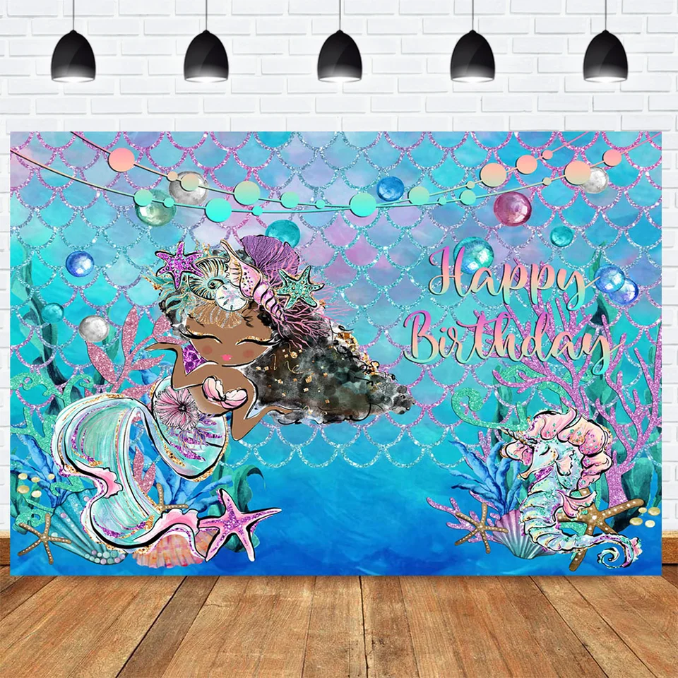 Mermaid s tematikou narodeninové pozadie pre fotografiu pod morskou karikatúrou princezná morská panna novorodenecký pozadie koralové hippocampus