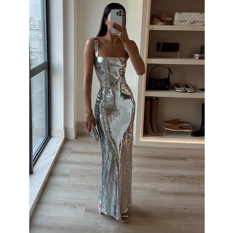 Meshkis Sexy Sling Backless Silvery Maxi Dresses for Women Club lesklé šaty trblietavé rukávy bez rukávov Evening Party Vestidos