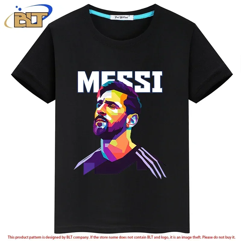 Messi tlačené detské oblečenie Detské letné tričko Chlapci a dievčatá ležérne s krátkym rukávom Čierna košeľa na spodku