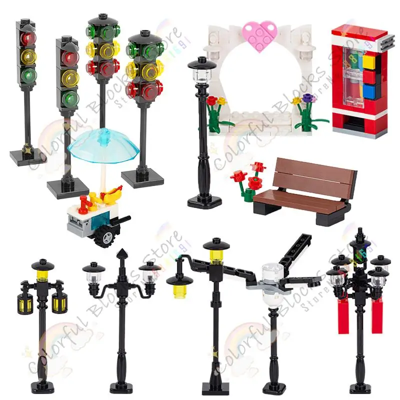 Mestská séria MOC Street Lights Lavalová dopravná signál Svetl Building Blocks DIY Street View Dekorácie tehly Zostavujú hračky pre deti