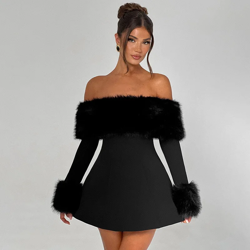 Mestský pás Wrap Wrap A-Line Dress Dámske z ramena Mini 2024 Jeseň zimné šaty backless kožušinový golier sexy párty šaty