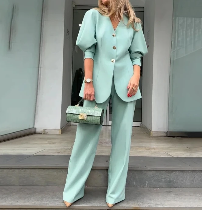 Mestský štýl 2023 Jeseň Winter Women 'Pant Set Sladná farba Lucerny rukávy voľný oblek Elegantné dochádzajúce dlhé nohavice