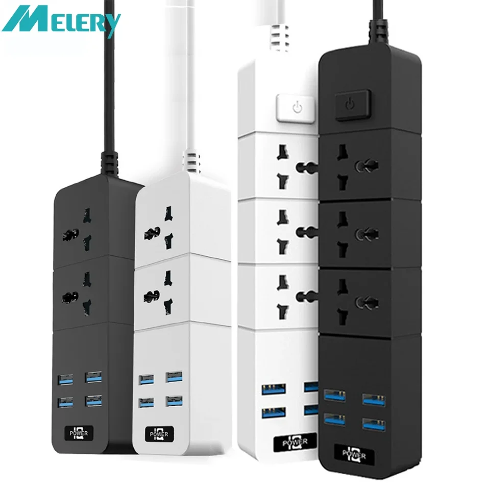 Metal Power Strip 10a 2500W Way AC Socket Eu/UK/US/AU Plug 4USB Cestovný adaptér s vypínačom 2M predlžovací kábel PC Dôkaz výbuchu