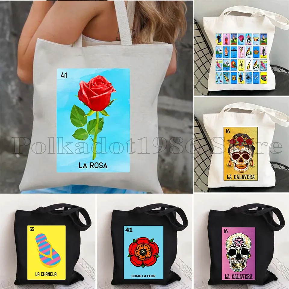Mexická loteria bingo karta umenie tlač La Rosa Diablita Toxica Witch Balet El Jefe Nopal Catrin Papa Gift Canvas Tote Bag CANAGE