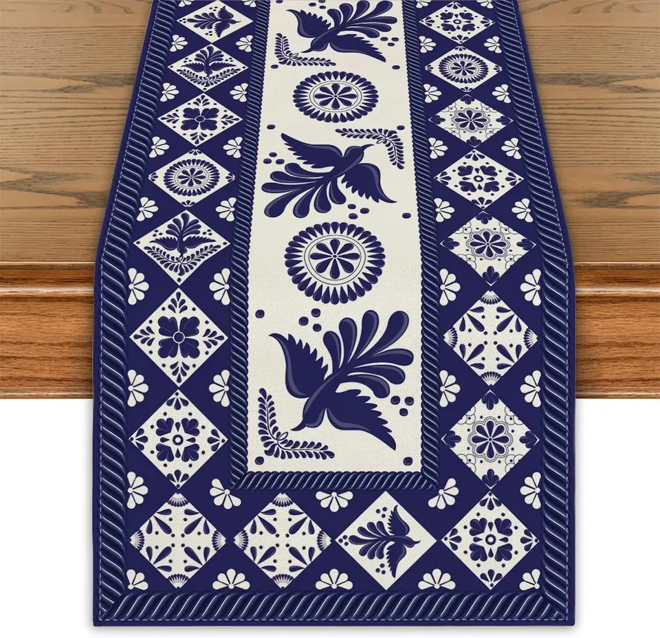 Mexická modrá patchwork dlaždice ľanové stolové bežec