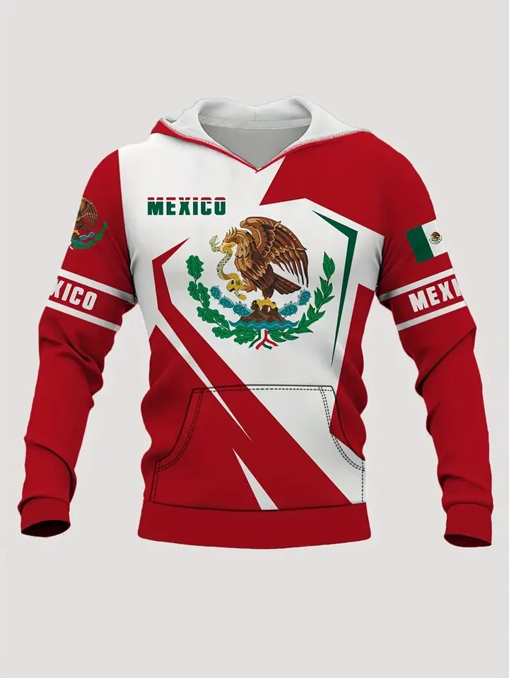 Mexická vlajka tlač 3D pánska kapucňa jesenná ležérna rukáva Tee Fashion Street Crew krk pullover pre mužské nadmerné oblečenie