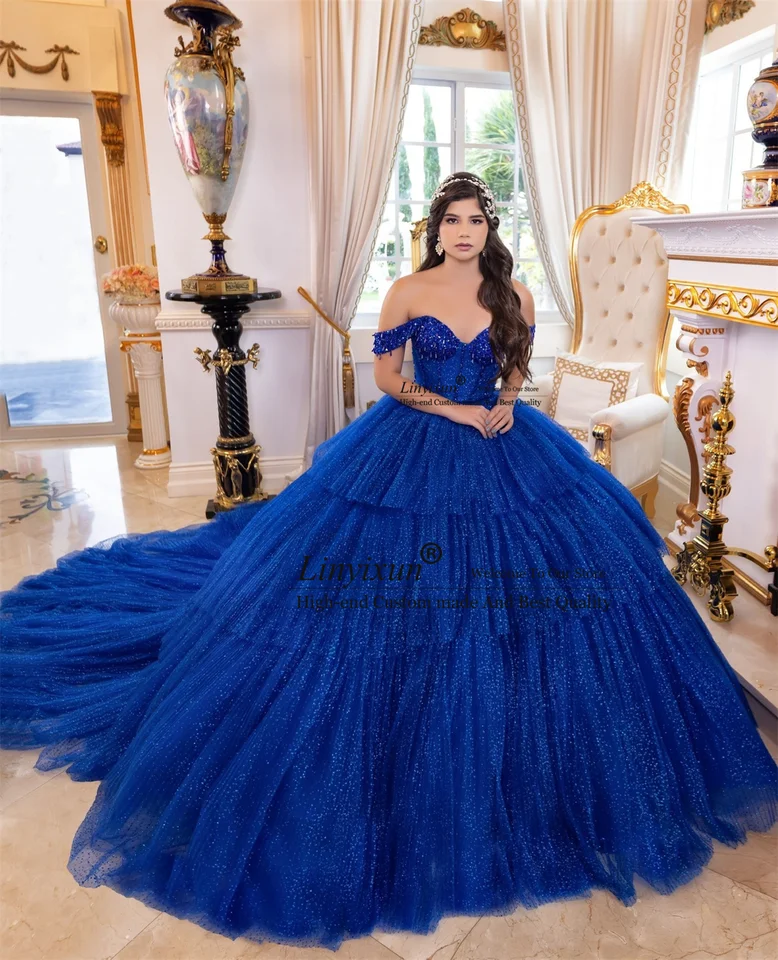Mexické guľové šaty quinceanera šaty trblietky Flitre korálkové sladké 16 šaty z ramena princezná narodeniny Vestidos de 15 años