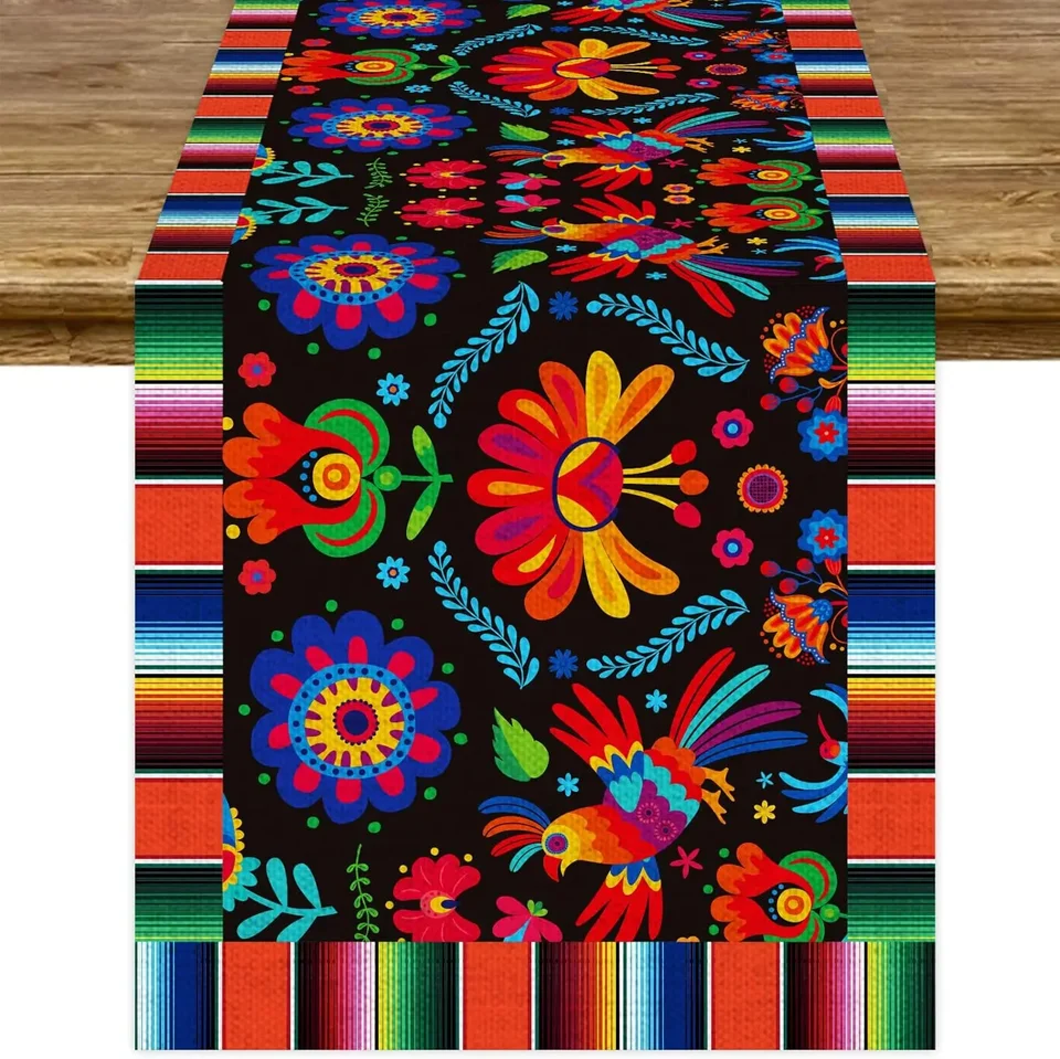 Mexický deň Fiesta Day of the Dead Linen Table Runners jedáleň dekor farma jedále