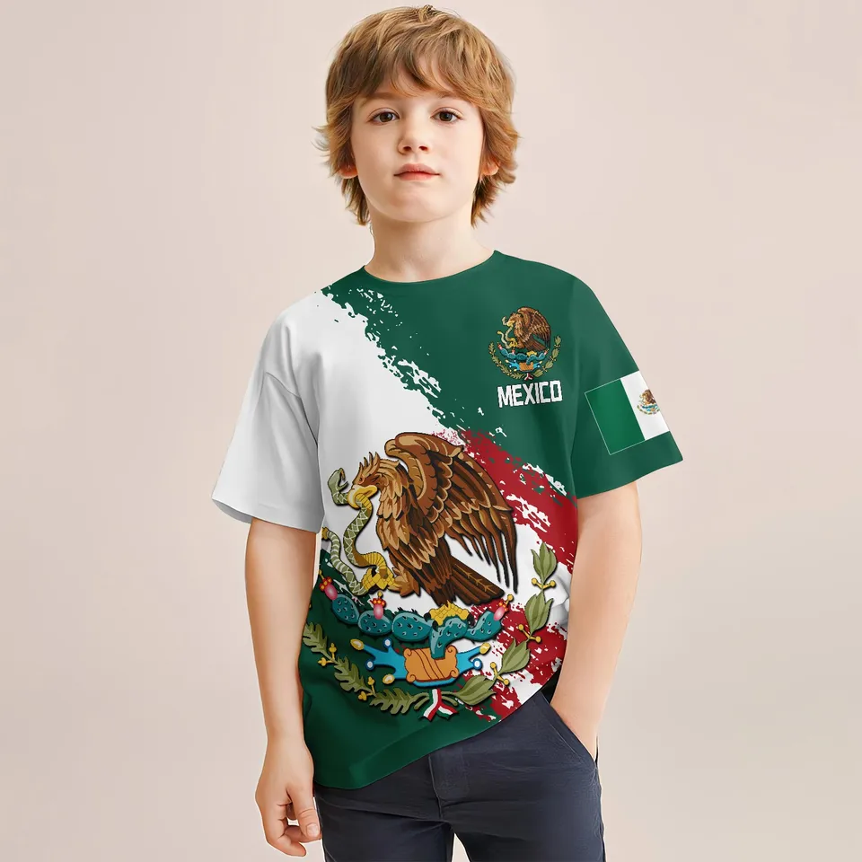 Mexický štýl Eagle 2024 Summer na 4-14 rokov detské deti a dievčatá ľahký 3D tlač s krátkym rukávom Tričko Tops