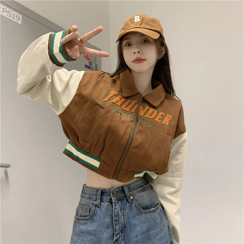 MEXZT Streetwear Women Retro Letter Crop Baseball Coats Fall Harajuku Otočenie golieru BF BACKS Príležitostné kórejky Outwear Y2K Tops