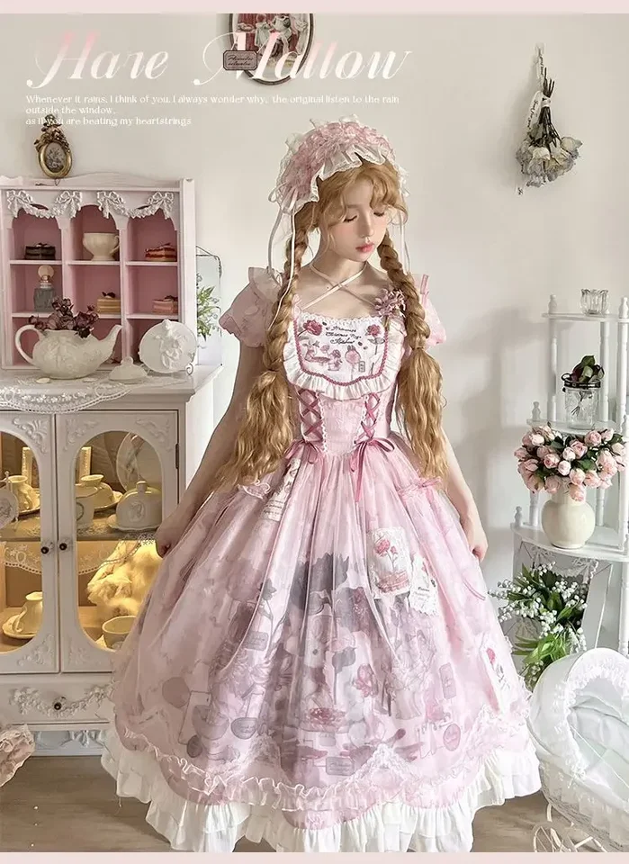 Mgogo lolita Dreamy Girl's House Sweet Lolita OP Šaty Ženy Vinobranie tlačená bábika Krátke rukávy Princezná elegantná párty šaty