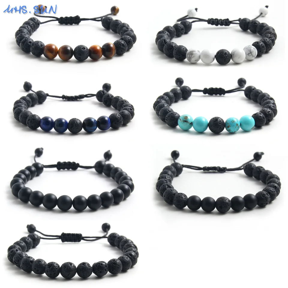 Mhs.sun ručne vyrobený 8 mm prírodný kameň ochrana jogy Pletený náramok pre ženy Men Tyrkysové/Tiger Eye/Lava Stone Práce náramok
